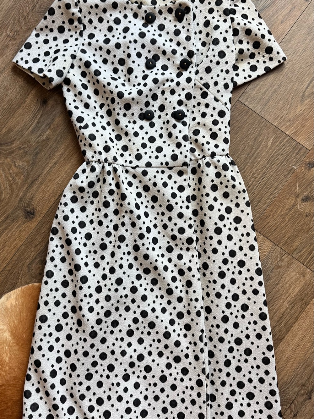 Halloween Vintage Outfit Polka Dot Short-Sleeve Midi Dress - Black on Cream